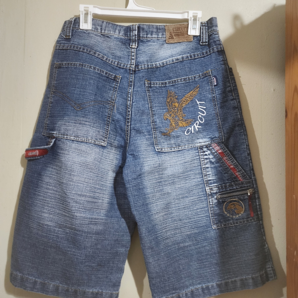 Men's Denim Cargo Shorts with Embroidered Eagle